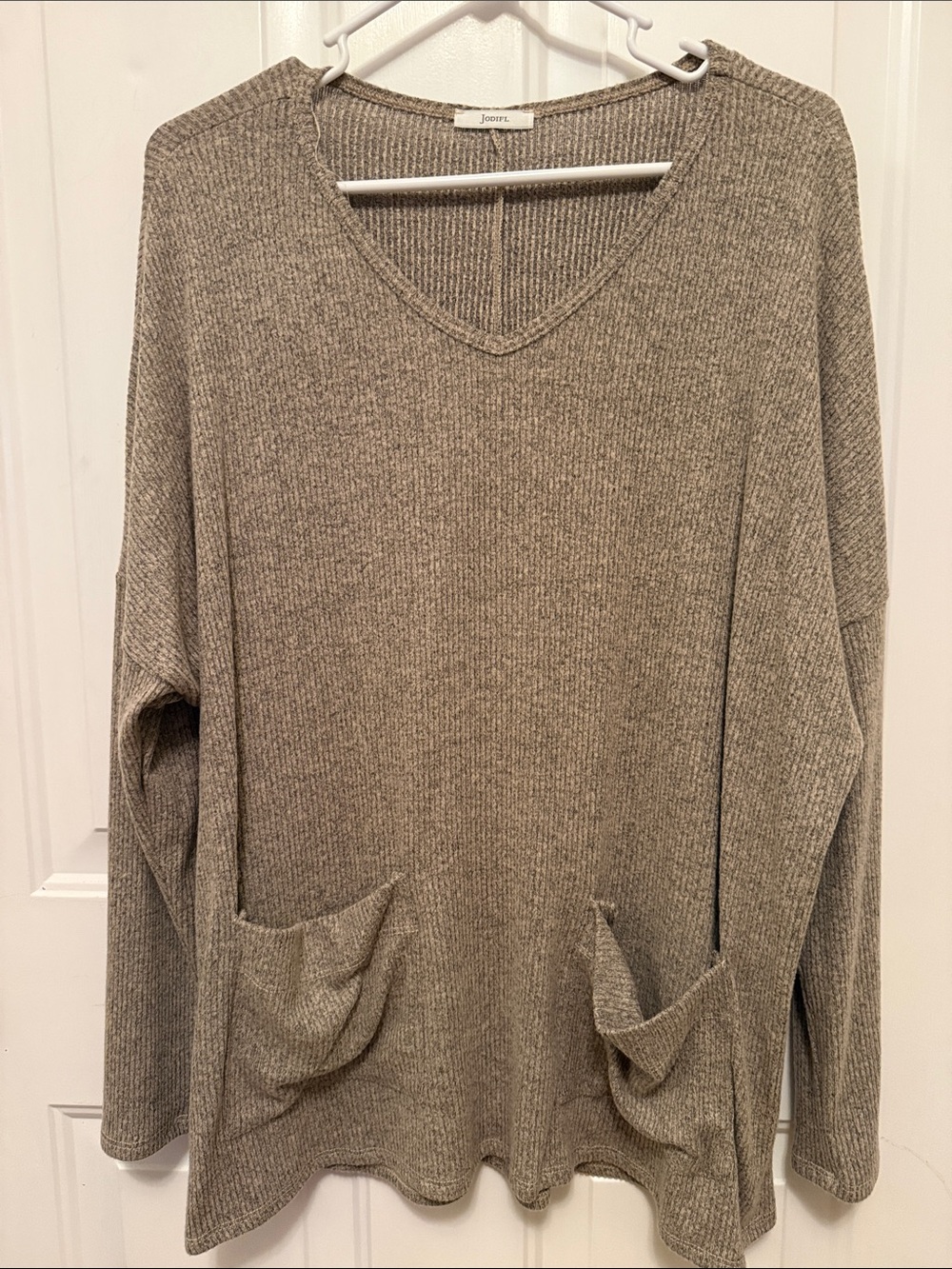 JODIFL Taupe Ribbed V-Neck Pocket Sweater
